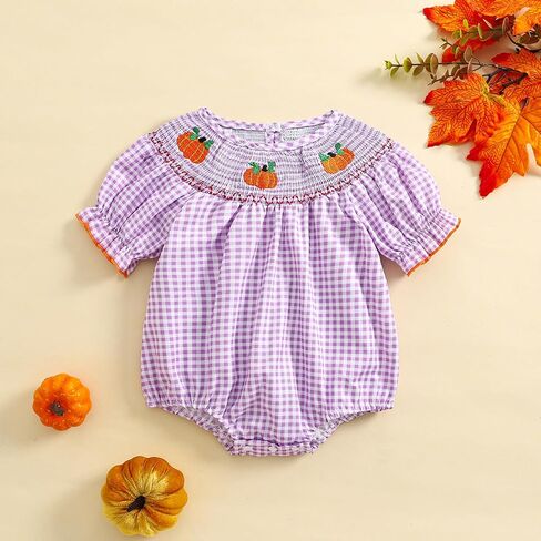 Baby Girl Halloween Clothes Pumpkin Embroidery Puff Sleeve Ruffle Smocked Bubble Romper Plaid Bodysuit Jumpsuit in Kuwait