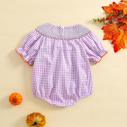 Baby Girl Halloween Clothes Pumpkin Embroidery Puff Sleeve Ruffle Smocked Bubble Romper Plaid Bodysuit Jumpsuit in Kuwait