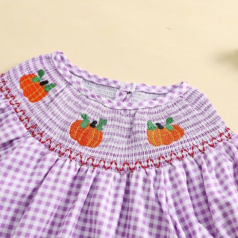 Baby Girl Halloween Clothes Pumpkin Embroidery Puff Sleeve Ruffle Smocked Bubble Romper Plaid Bodysuit Jumpsuit in Kuwait
