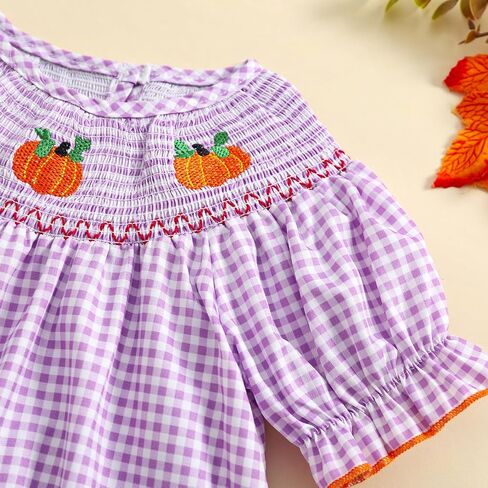 Baby Girl Halloween Clothes Pumpkin Embroidery Puff Sleeve Ruffle Smocked Bubble Romper Plaid Bodysuit Jumpsuit in Kuwait