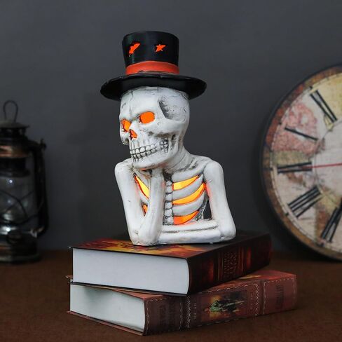 Tfro & Cile Halloween Home Skull Book Decor Ceramic Indoor Skeleton Head Decoration Human Head Statue with LED Light for Shelves Party in Saudi Arabia