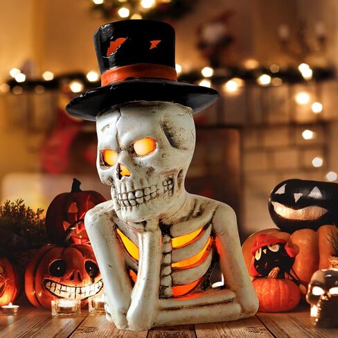 Tfro & Cile Halloween Home Skull Book Decor Ceramic Indoor Skeleton Head Decoration Human Head Statue with LED Light for Shelves Party in Saudi Arabia