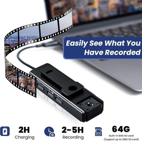 【ترقية】 كاميرا الجسم الصغيرة، كاميرا الجسم بدقة 1080 بكسل مع عدسة قابلة للدوران 180 درجة مع كشف الحركة وكاميرا الجسم للرؤية الليلية مع تسجيل الصوت والفيديو للسجلات اليومية وحارس السفر الآمن (64 جيجابايت) in Kuwait