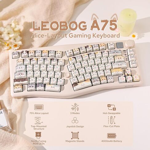 لوحة مفاتيح LEOBOG A75 75% Alice، لوحة مفاتيح ألعاب لاسلكية مع تصميم مقبض وعصا التحكم، لوحة مفاتيح ميكانيكية علوية مع PCB مرن القطع، لوحة كمبيوتر شخصي، حوامل مغناطيسية لنظام Win/Mac (أبيض) in Saudi Arabia