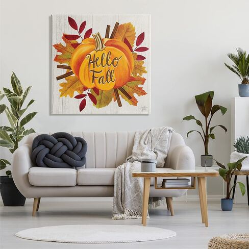 Stupell Industries Hello Fall Sentiment Orange Pumpkin Autumn Tree Leaves, Designed by Jackie Quigley Canvas Wall Art, 36 x 36 in Saudi Arabia