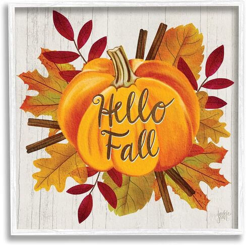 Stupell Industries Hello Fall Sentiment Orange Pumpkin Autumn Tree Leaves, Designed by Jackie Quigley Canvas Wall Art, 36 x 36 in Saudi Arabia