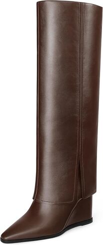 MUCCCUTE Knee High Boots Women - Fold Over Knee Boots Wedge High Heel Pointed Toe Tall Boots with Full Side Zipper in Saudi Arabia