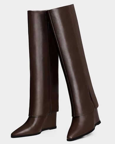 MUCCCUTE Knee High Boots Women - Fold Over Knee Boots Wedge High Heel Pointed Toe Tall Boots with Full Side Zipper in Saudi Arabia