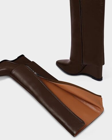 MUCCCUTE Knee High Boots Women - Fold Over Knee Boots Wedge High Heel Pointed Toe Tall Boots with Full Side Zipper in Saudi Arabia
