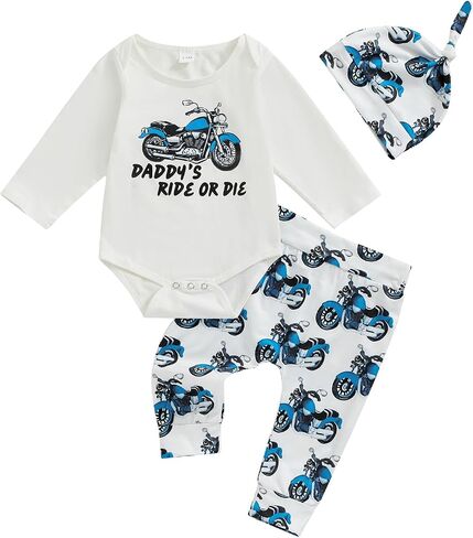 Newborn Baby Boy Clothes Infant Motorcycle Funny Letter Print Romper Top Pants Hat Set Coming Home Farm Fall Outfit in Kuwait