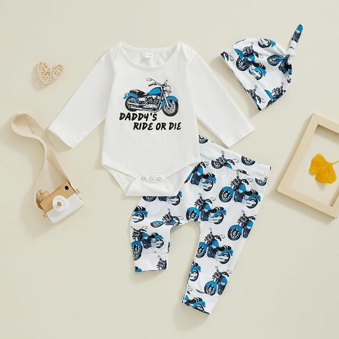 Newborn Baby Boy Clothes Infant Motorcycle Funny Letter Print Romper Top Pants Hat Set Coming Home Farm Fall Outfit in Kuwait