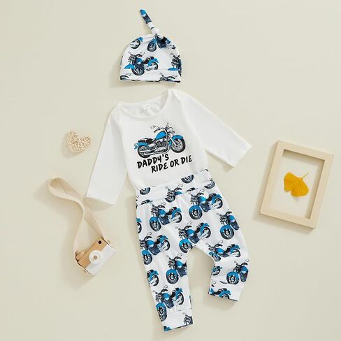 Newborn Baby Boy Clothes Infant Motorcycle Funny Letter Print Romper Top Pants Hat Set Coming Home Farm Fall Outfit in Kuwait