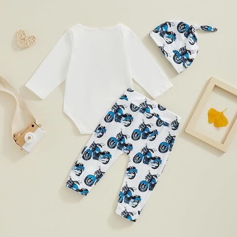 Newborn Baby Boy Clothes Infant Motorcycle Funny Letter Print Romper Top Pants Hat Set Coming Home Farm Fall Outfit in Kuwait