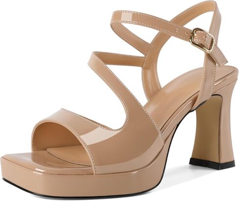 SAMMITOP Platform Heels for Women Open Square Toe Strappy Chunky High Heeled Sandals Slingback Heels Ankle Strap Wedding Party Office Shoes 3.5 Inch in Kuwait