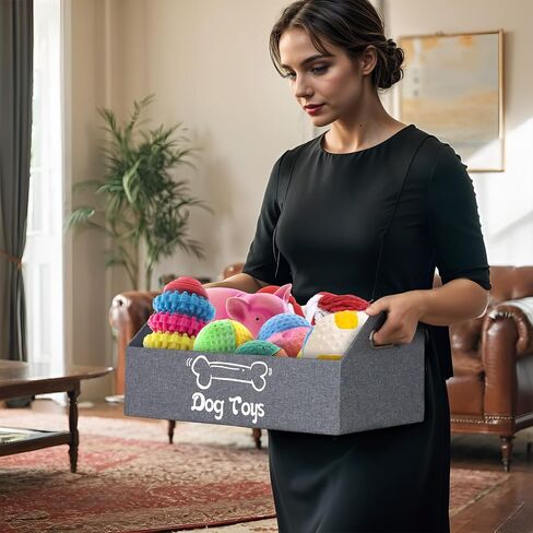 Dog Toy Box, Dog Toy Basket, Puppy Toys Storage Organizer Foldable Fabric Baskets Bin Pet Supplies Holder Container with Handles for Organizing Dogs Chew Toys Blankets Leashes, Beige in Saudi Arabia