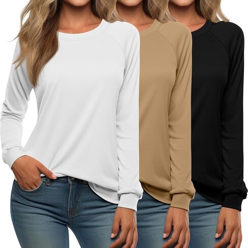 Ficerd 3 Pack Womens Long Sleeve Sweatshirt, Crewneck Loose Fit Casual Tunic Tops, Fall Winter Solid Basic Pullover in Saudi Arabia