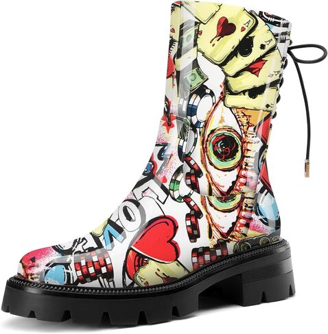 HDEUOLM Womens Chunky Platform Low Heel Round Toe Ankle Boots Short Bootie Lace-up Zipper Classic Casual Patent Leather Boots Lug Sole Boots in Saudi Arabia