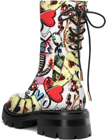 HDEUOLM Womens Chunky Platform Low Heel Round Toe Ankle Boots Short Bootie Lace-up Zipper Classic Casual Patent Leather Boots Lug Sole Boots in Saudi Arabia