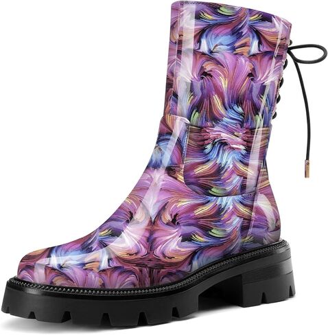 HDEUOLM Womens Chunky Platform Low Heel Round Toe Ankle Boots Short Bootie Lace-up Zipper Classic Casual Patent Leather Boots Lug Sole Boots in Saudi Arabia
