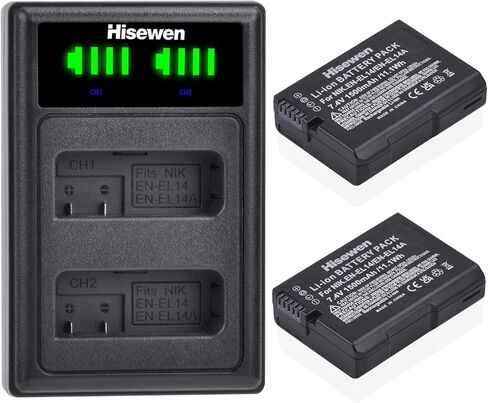 Hisewen EN-EL14 ENEL14a بطارية 1 حزمة وشاحن لنيكون D3200، D5600، D3100، D3500، D3400، D3300، DF DSLR، Coolpix P7800/P7700/P7100/P7000 الكاميرات. in Kuwait