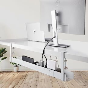StarTech.com Under Desk Cable Management Tray, Length Adjustable, Clamp-On Installation, No Drilling Required, Black