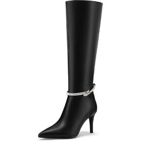 Knee High Boots for Women Stiletto High Heel Pointed Toe Long Boots Sparkly Rhinestone Decoration Side Zipper Dress Tall Boots