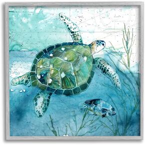 Stupell Industries Sea Tortoise and Fish over Blue Nautical Ocean Map, Designed by Carol Robinson Gray Framed Wall Art, 12 x 12