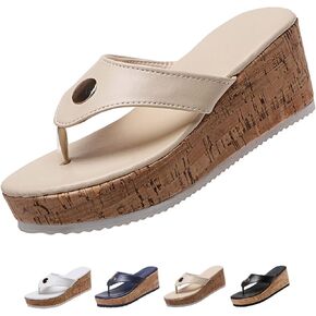 Women's Leather Platform Clip Toe Flip Flops with Arch Support Summer Casual Anti-Slip Orthopedic Wedges Walking Sandals Beach Flip