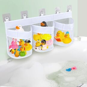 Bath Toy Storage Bag, Premium Nylon Bathtub Toy Holder Net with 5pcs Plastic Adhesive Hooks Bath Toy Storage Mesh Suction Practical Supplies for Bathroom Toy Organizer and Sorting