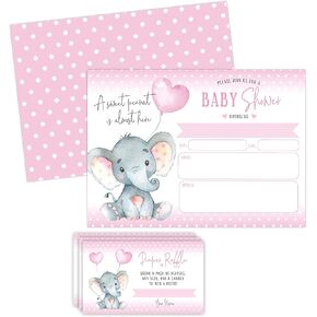 Your Main Event Prints Elephant Girl Baby Shower Invitations, Peanut Baby Shower Invites with Diaper Raffles Cards, Sprinkle, 20 Invites Including Envelopes
