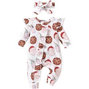 Infant Baby Girl Christmas Outfit Santa Cookie Print Ruffle Long Sleeve Romper Jumpsuit One Piece Clothes Headband