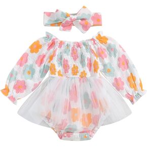 Newborn Baby Girls Romper Dresses Ruffle Pleated Smocked Bubble Floral Tulle Skirt Ruched Bodysuit Fall Clothes