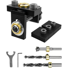 3 in 1 Pocket Hole Jig Kit with Wood Dowel Punch Locator, Woodworking Doweling Jig Set with 8 10 15mm Drill Bit, Adjustable Woodworking Drilling Locator Puncher Tools