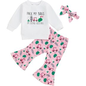 Toddler Baby Girl Golf Outfits I'm Going Golfing Letter Sweatshirt/Romper Flare Pants Headband 3Pcs Golf Baby Set