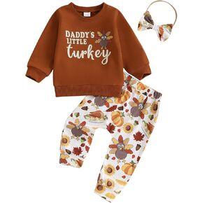 Lesimsam Thanksgiving Baby Girl Outfit Toddler Daddy's Little Turkey Long Sleeve Sweatshirt Turkey Pants Headband 3 Piece Set