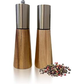 Acrylic Salt and Pepper Grinder Set, Manual Salt and Pepper Mills,Wooden Pepper Grinder with Adjustable Ceramic Core,8 Inches,Pack of 2 With Wooden Tray
