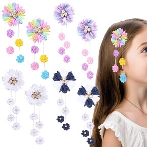 8 PCS Colorful Flower Hair Clips Cute Flower Tassels Hair Clip Ribbon Bows With Alligator Clips White Pearl Hairgrips Spring Summer Floral Alligator Clips Pink Hairclips for Baby Girls Women Decor