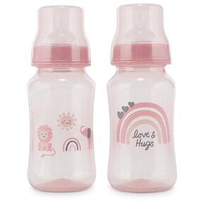 Premium 2-Pack Baby Bottles - 11 Ounce, Hourglass Shape, Fun Boys and Girls Prints, Clear Cover - BPA-Free