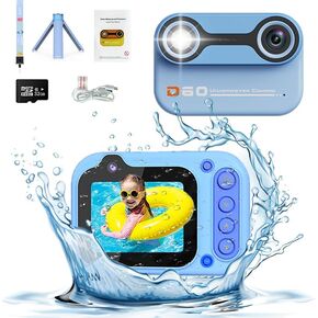 Kids Waterproof Camera, 10Ft Underwater Digital Cameras 1080P FHD Birthday Gifts for Girls Boys 3-12 Year Old,Digital Point and Shoot Camera with 32GB Card, Pool Toys for Kids, Blue