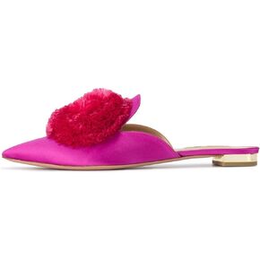Divanne Mules for Women, Puff Pompom-Embellished Slip On Loafers Backless Pointed Toe Satin Mule Slides