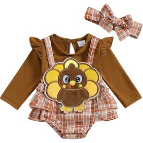 Baby Girl Thanksgiving Outfit Newborn Turkey Romper Dress Ribbed Ruffle Skirt Hem Jumpsuit Fall Clothes and Headband