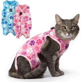 Cat Recovery Suit: Blue Cat Surgery Recovery Suit Male w/Paw Print Design - Elastic, Soft & Breathable Cat Recovery Suit for Spay - Washable Cat Surgery Suit for Post-Operative Healing Process.