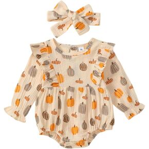 Newborn Baby Girls Halloween Outfits Pumpkin Print Ruffles Smocked Puff Sleeve Cotton Linen Romper Fall Bodysuit