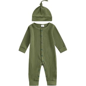 Winioder Newborn Baby Girl Boy Clothes Ruffle Ribbed Long Sleeve Button Romper Jumpsuit with Headband Hat Coming Home Outfit