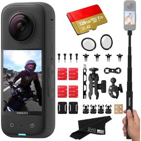 Insta360 X3 - Waterproof 360 Action Camera with 1/2" 48MP Sensors, 5.7K 360 HDR Video, 72MP 360 Photo, 4K Single-Lens, 2.29" Touchscreen|Includes Motorcycle Bundle, Selfie Stick, Lens Guard&128GB