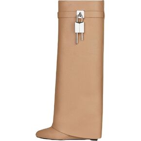 Rhinestones Fold Over Knee High Boots for Women Shark Lock Boots High Shaft Wide Calf Fashion Boots Pull on Party Shoes