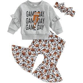 Rtnnsbbfcm Toddler Baby Girl Football Outfit Long Sleeve Letter Sweatshirt Top Football Bell Bottoms Headband 3Pcs Set