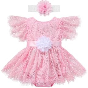 IDOPIP Baby Girls Lace Romper Dress with Headband Newborn Clothes Infant Boho 1st Birthday Outfits Embroidery Pageant Dresses