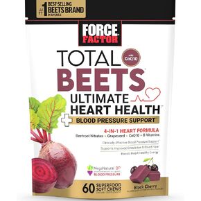 FORCE FACTOR Total Beets Ultimate Heart Health Blood Pressure Support Chews with CoQ10, Beet Root Powder, Grape Seed Extract, Blood Pressure Supplement for Circulation & Blood Flow, 60 Soft Chews