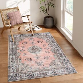 Lahome Washable Pink Round Rug 6ft, Soft Boho 6x6 Circle Rugs for Bedroom Girls Nursery Non-Slip, Large Floral Pastel Circular Rugs for Living Room Coffee Table Home Office Decor